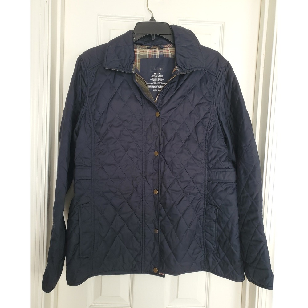 LL Bean Quilted Riding Chore Barn Jacket Plaid Lining Navy Blue Snaps Med